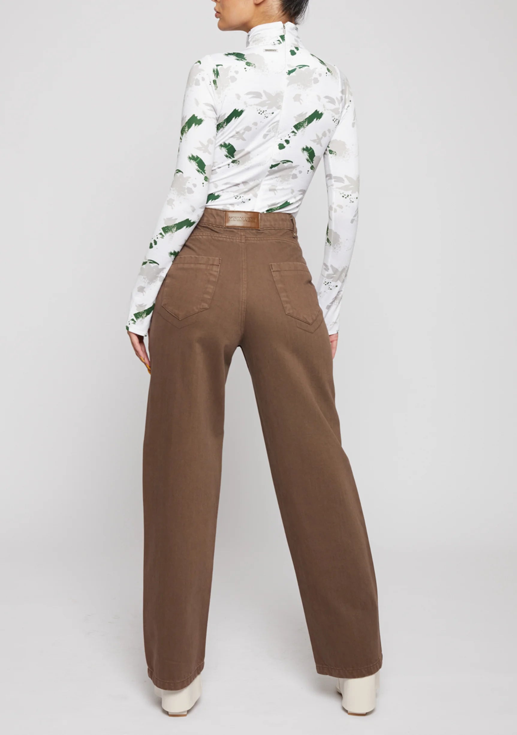 Full back view of women's high-waisted mocha brown wide leg trousers