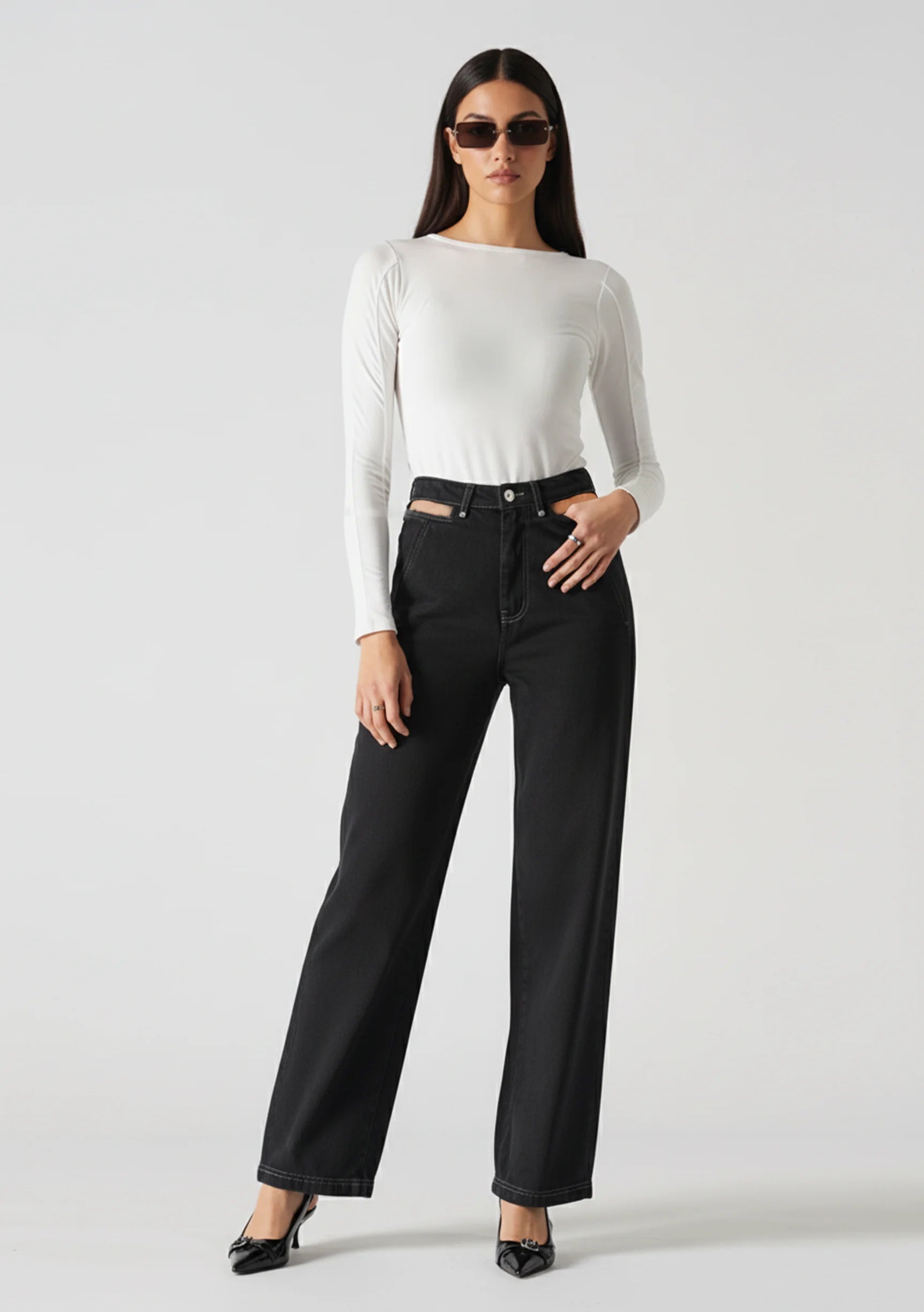 Modern cut out straight leg jeans confident stance