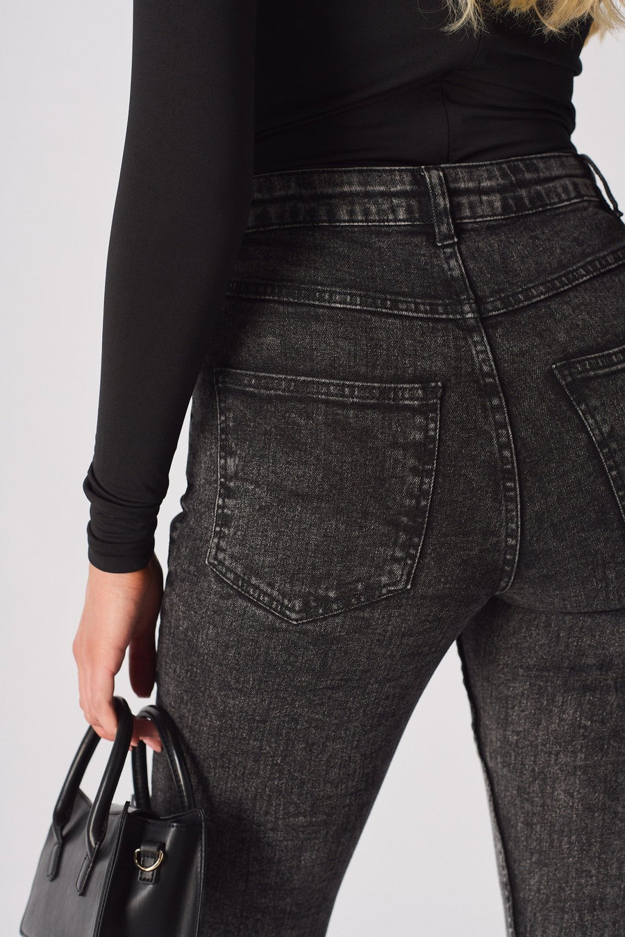 NYXIA High Waisted Fitted Flare Jeans - Black Acid Wash - JMOJO - Women's Flare Jeans