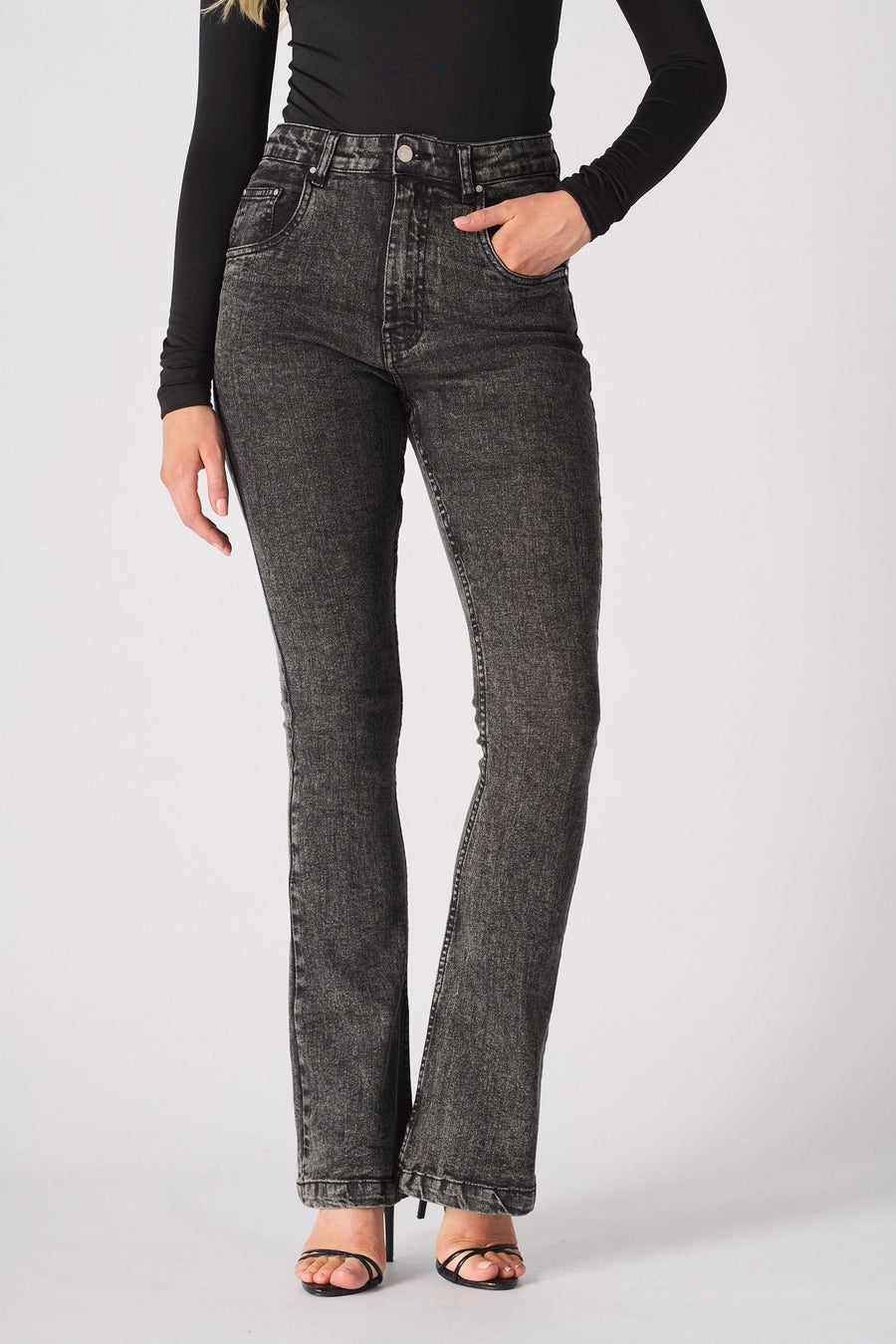 NYXIA High Waisted Fitted Flare Jeans - Black Acid Wash - JMOJO - Women's Flare Jeans
