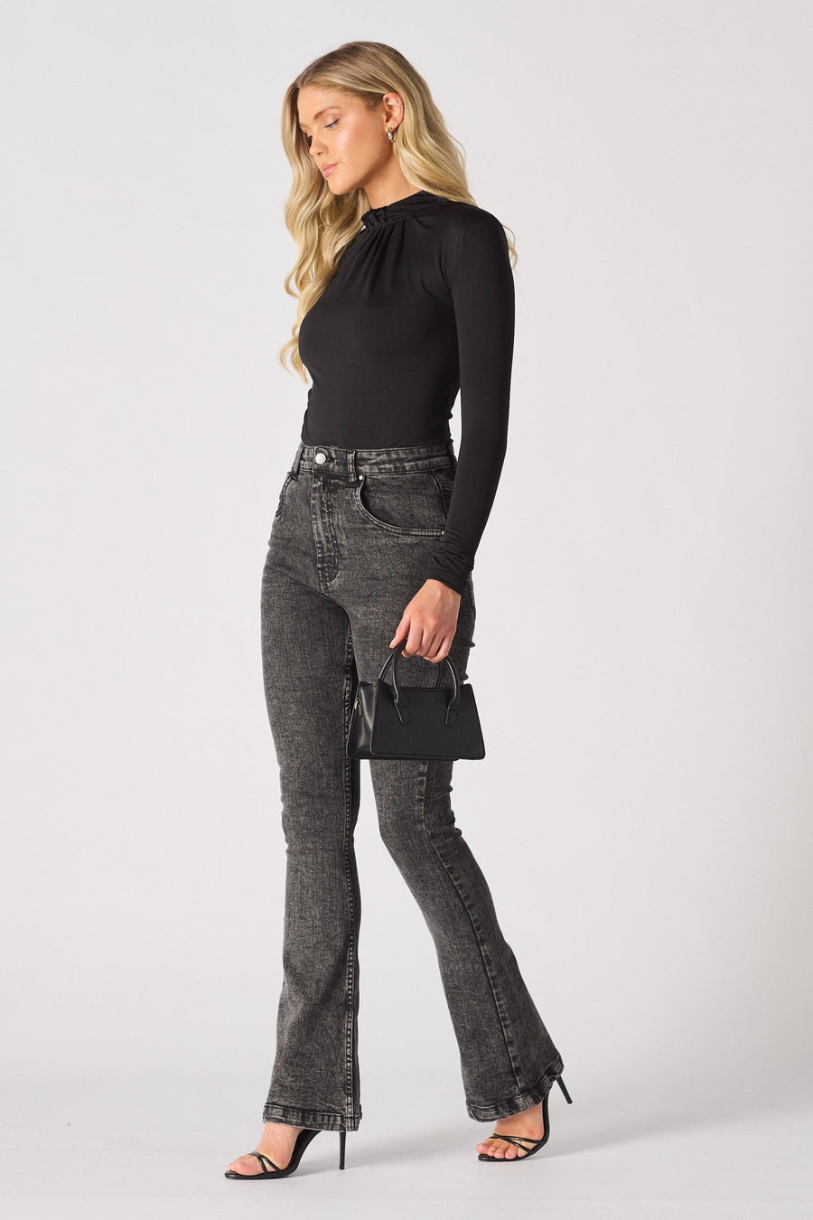 NYXIA High Waisted Fitted Flare Jeans - Black Acid Wash - JMOJO - Women's Flare Jeans