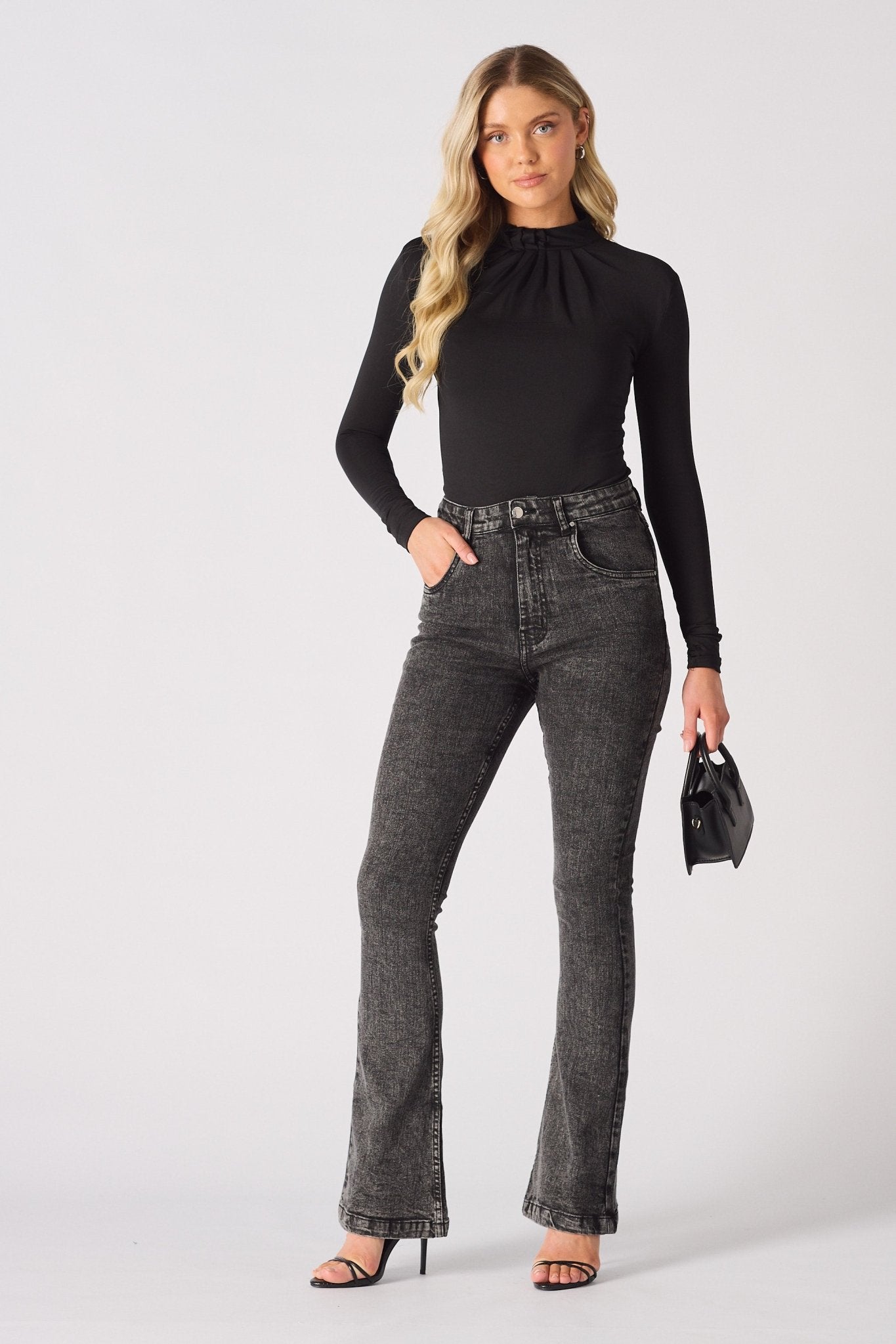 NYXIA High Waisted Fitted Flare Jeans - Black Acid Wash - JMOJO - Women's Flare Jeans
