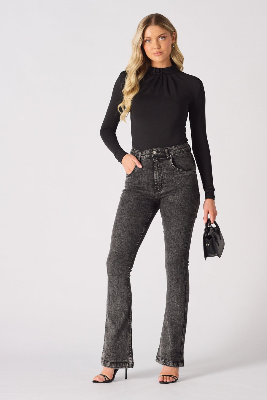 NYXIA High Waisted Fitted Flare Jeans - Black Acid Wash - JMOJO - Women's Flare Jeans