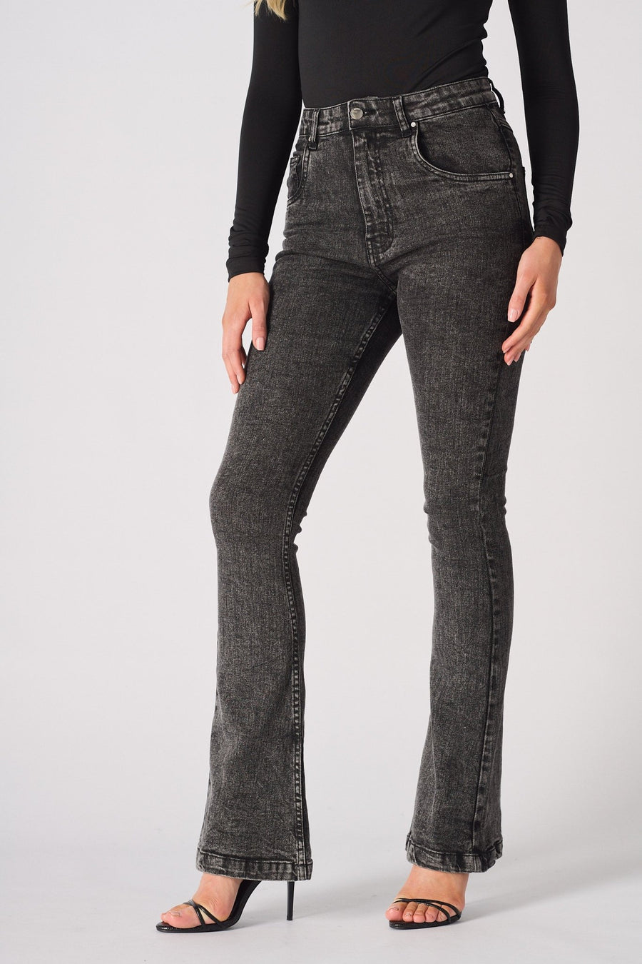 NYXIA High Waisted Fitted Flare Jeans - Black Acid Wash - JMOJO - Women's Flare Jeans