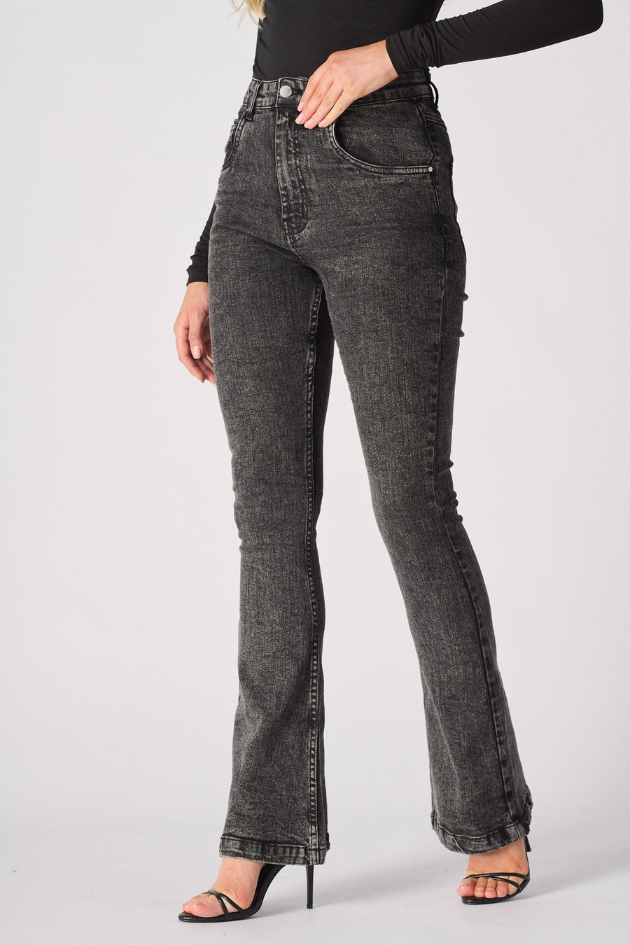 NYXIA High Waisted Fitted Flare Jeans - Black Acid Wash - JMOJO - Women's Flare Jeans