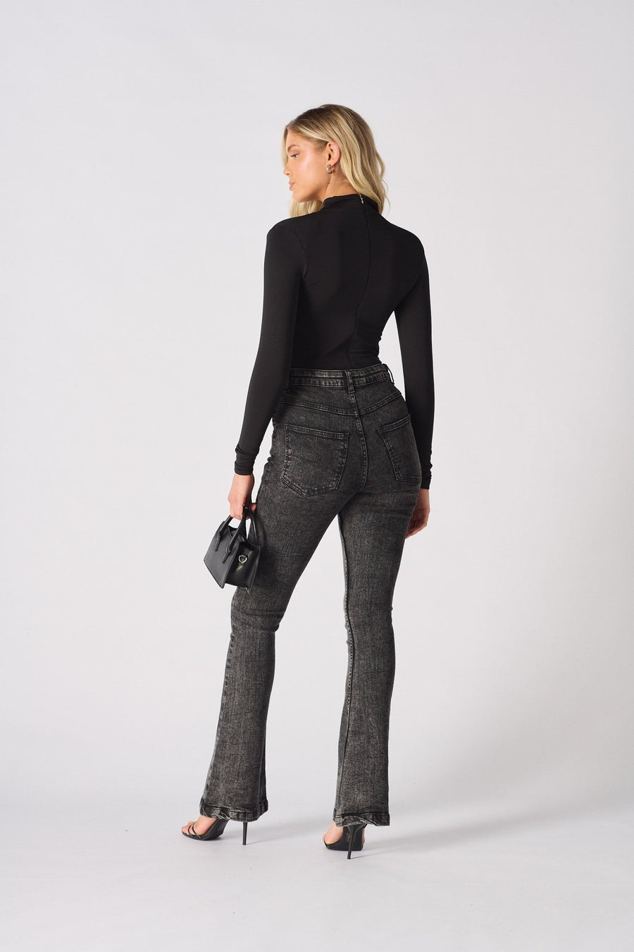 NYXIA High Waisted Fitted Flare Jeans - Black Acid Wash - JMOJO - Women's Flare Jeans