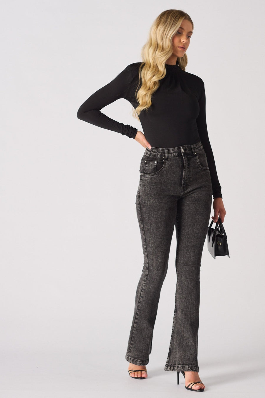 NYXIA High Waisted Fitted Flare Jeans - Black Acid Wash - JMOJO - Women's Flare Jeans