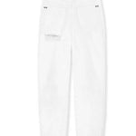 Back view of the women's off-white distressed tapered jeans, laid flat.
