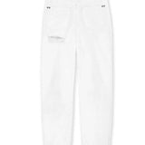 Back view of the women's off-white distressed tapered jeans, laid flat.