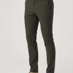 Close-up front view of olive green chinos men featuring a tailored slim fit and stretch fabric.