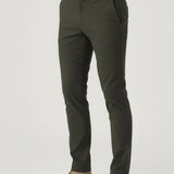 Close-up front view of olive green chinos men featuring a tailored slim fit and stretch fabric.