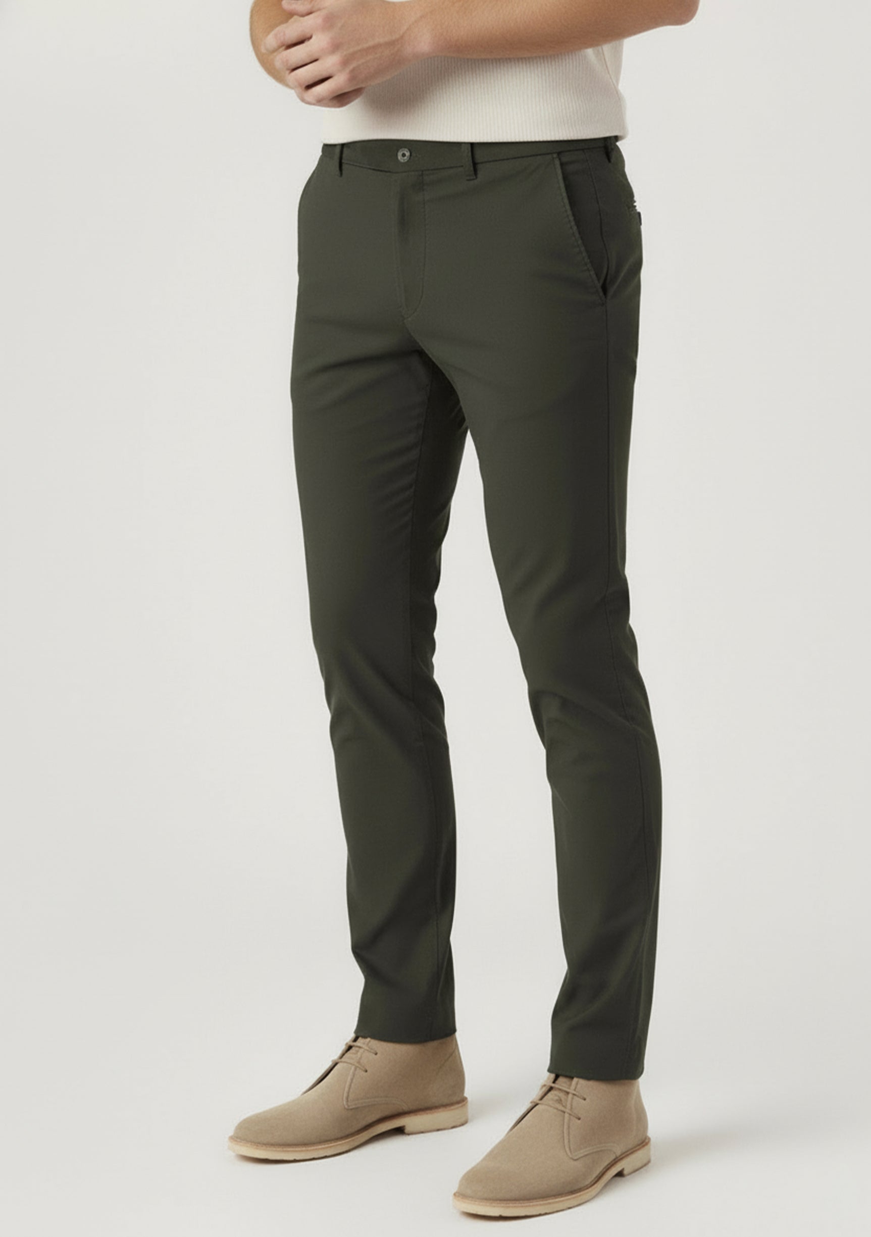 Close-up front view of olive green chinos men featuring a tailored slim fit and stretch fabric.