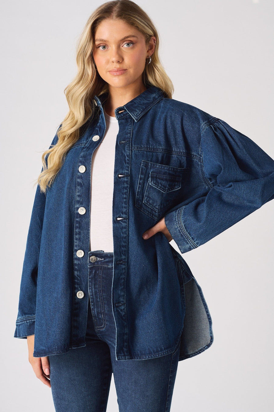 OVERSIZED LONG SLEEVE DENIM SHIRT - DARK BLUE - JMOJO - Women's Oversize Denim Shirts