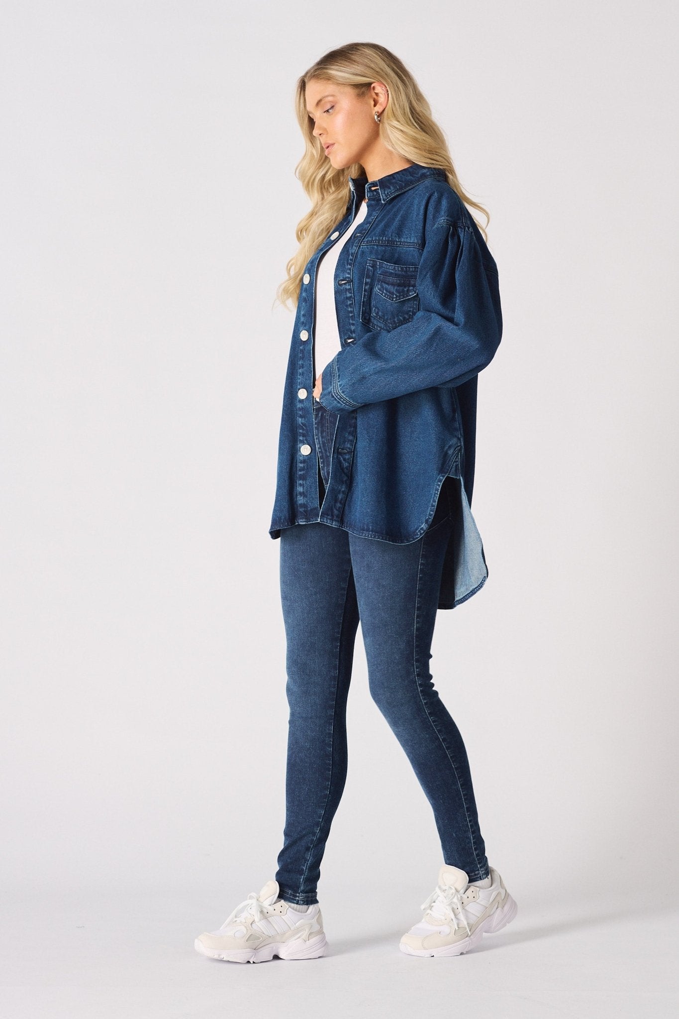 OVERSIZED LONG SLEEVE DENIM SHIRT - DARK BLUE - JMOJO - Women's Oversize Denim Shirts