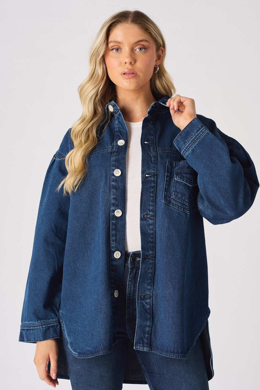 OVERSIZED LONG SLEEVE DENIM SHIRT - DARK BLUE - JMOJO - Women's Oversize Denim Shirts