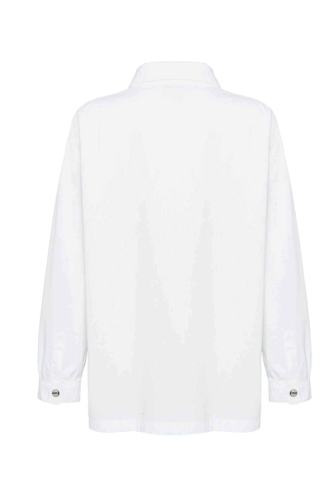 Oversized white shirt logo embroidery close up