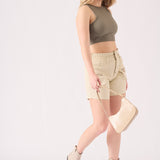 PAPERBAG HIGH WAISTED SHORTS - BEIGE - JMOJO - Women's Cargo Denim Shorts