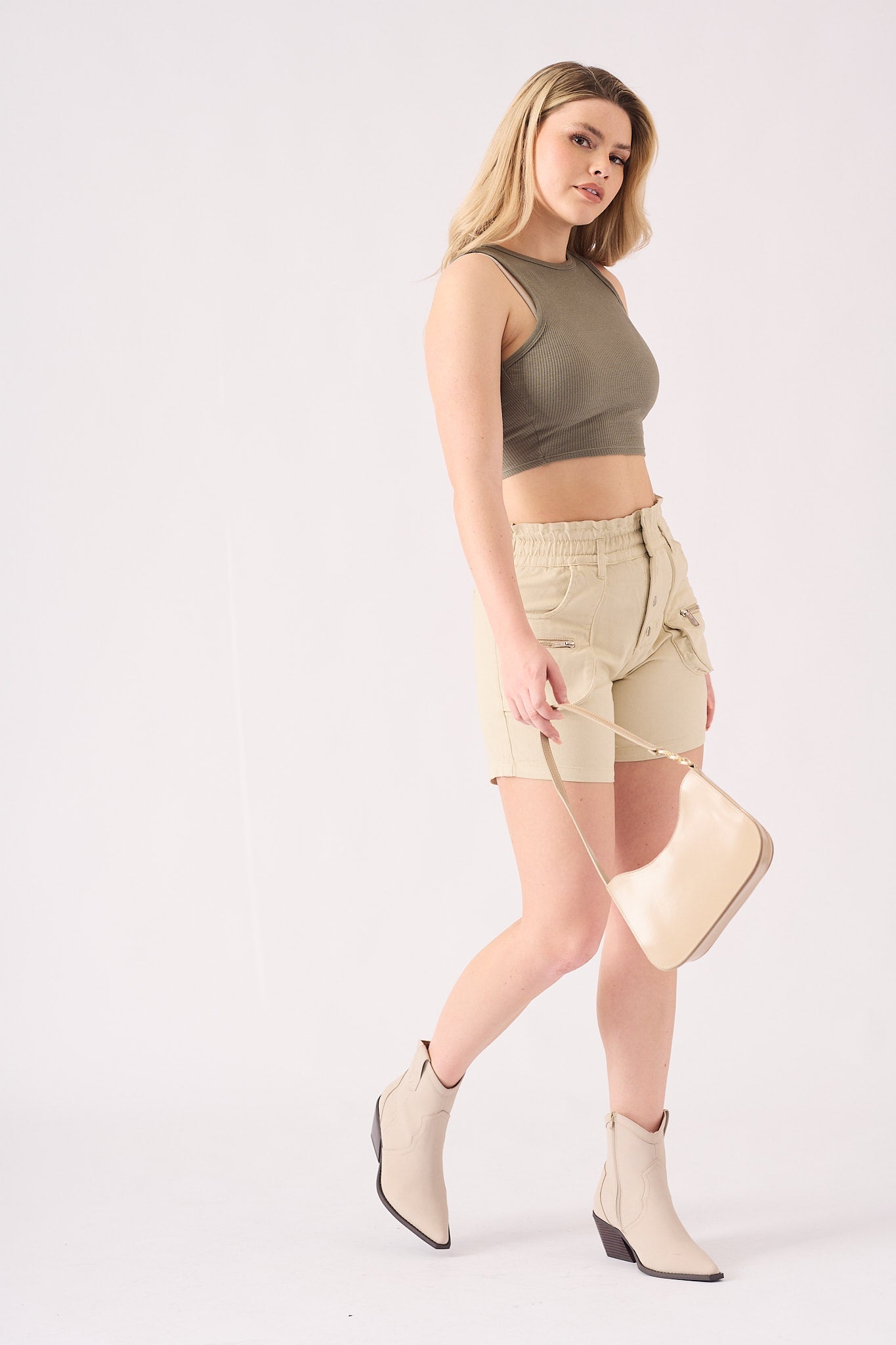 PAPERBAG HIGH WAISTED SHORTS - BEIGE - JMOJO - Women's Cargo Denim Shorts
