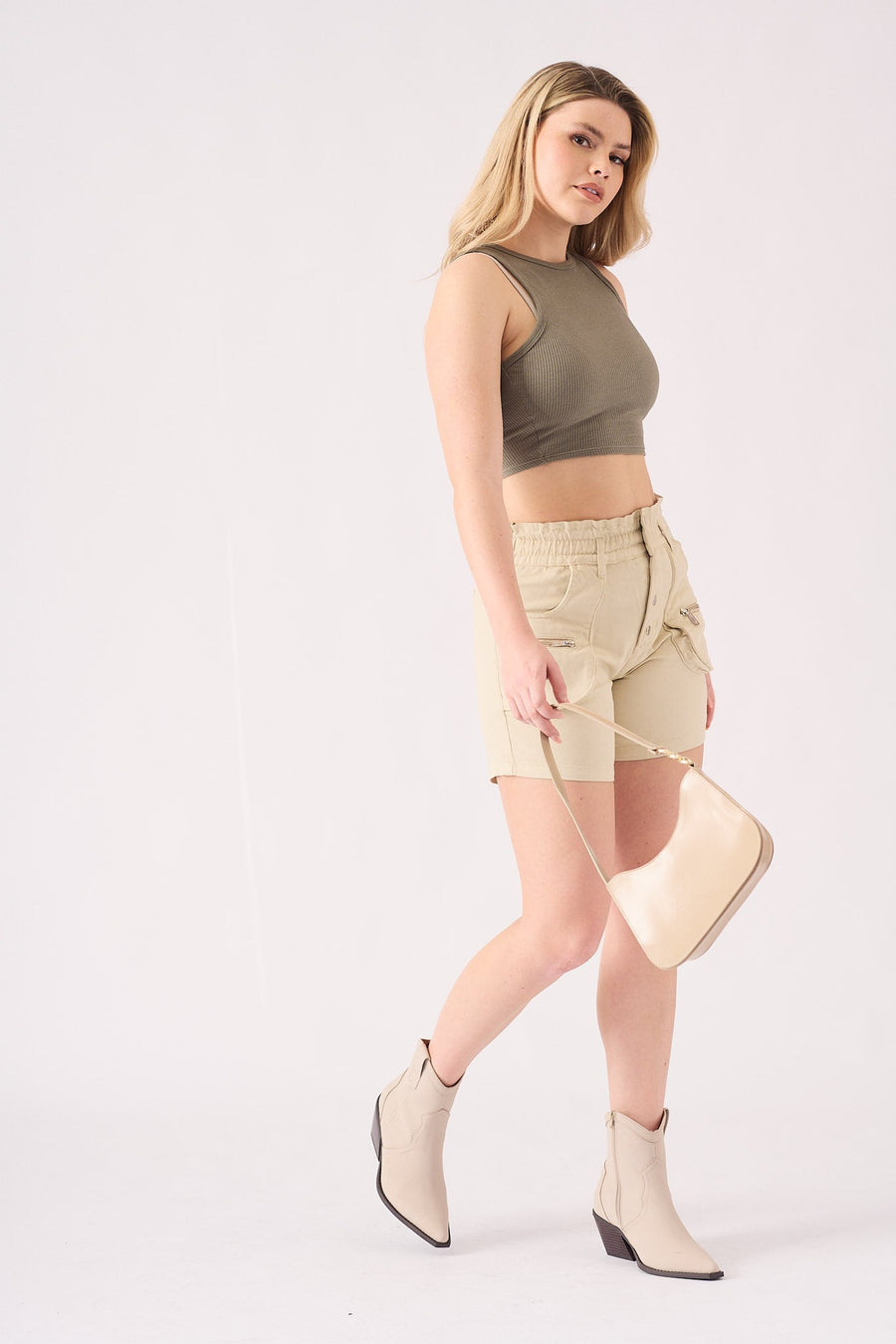 PAPERBAG HIGH WAISTED SHORTS - BEIGE - JMOJO - Women's Cargo Denim Shorts