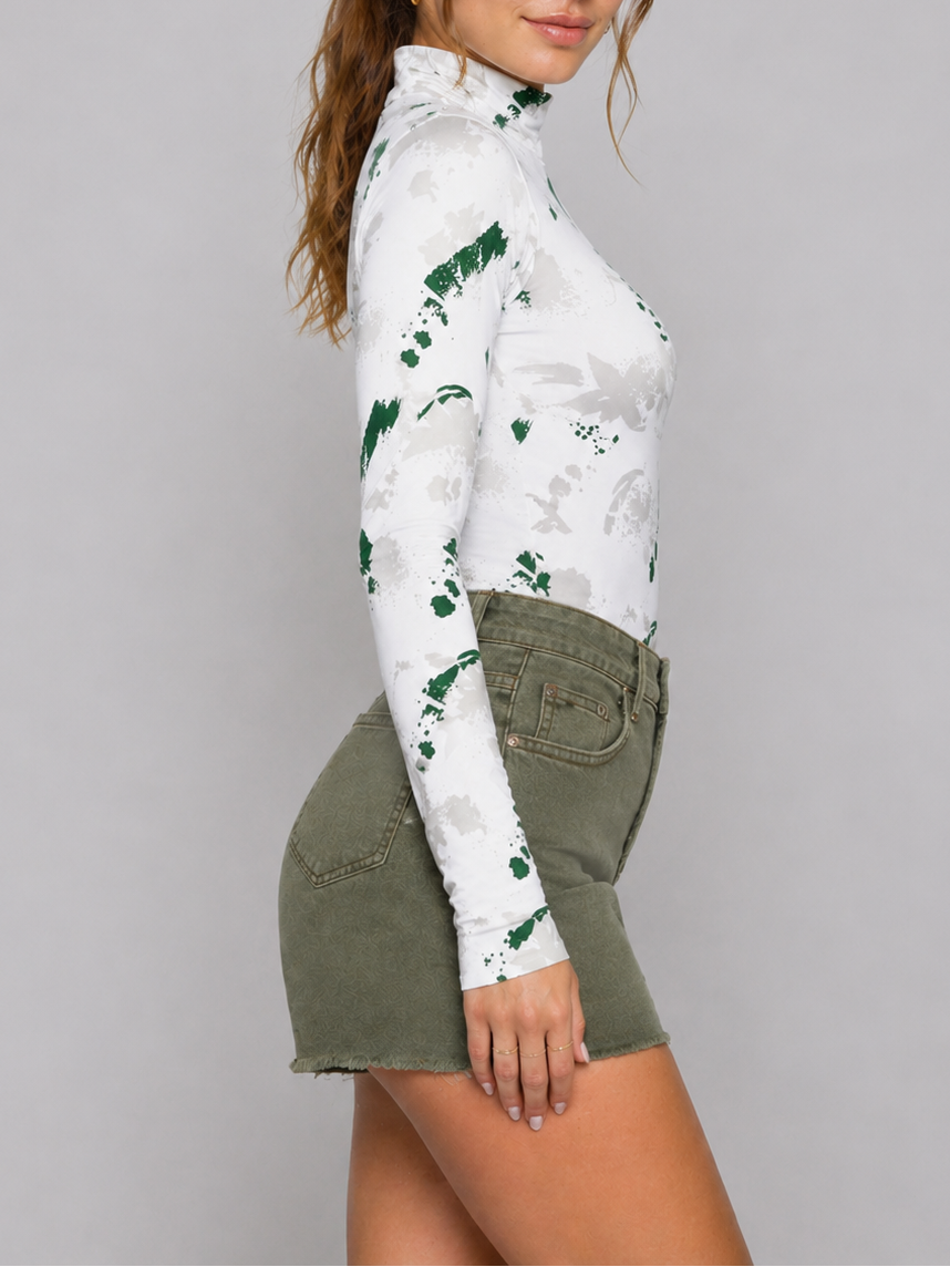 Printed mock neck bodysuit with thumbhole sleeves side view