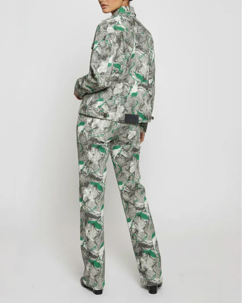 Back and side view of psychedelic print denim jacket with green-grey abstract swirls - women's oversized matching set with flared cargo pants