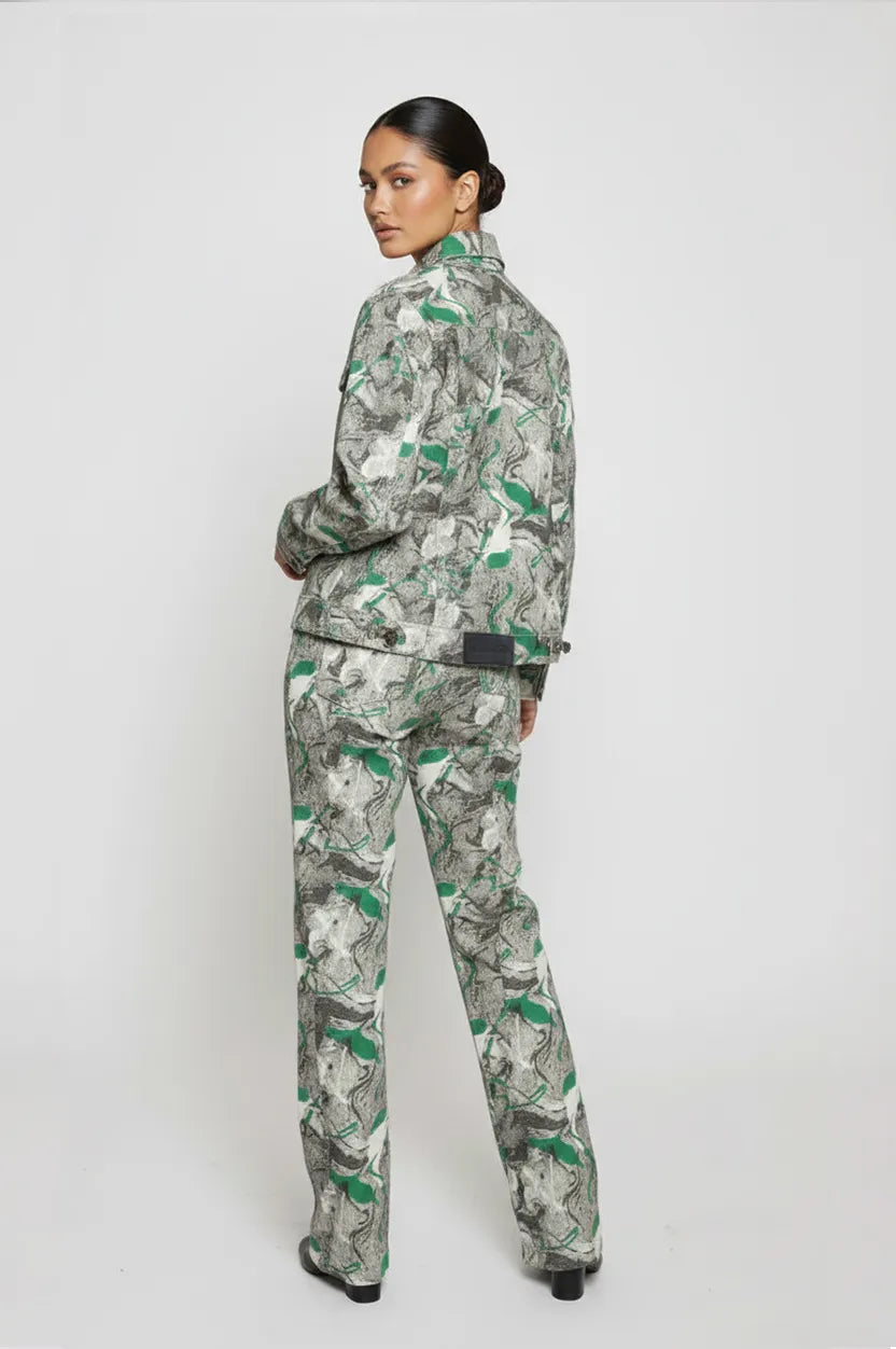 Back and side view of psychedelic print denim jacket with green-grey abstract swirls - women's oversized matching set with flared cargo pants