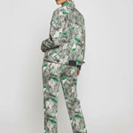 Back and side view of psychedelic print denim jacket with green-grey abstract swirls - women's oversized matching set with flared cargo pants