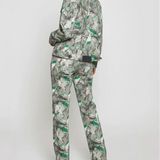 Back and side view of psychedelic print denim jacket with green-grey abstract swirls - women's oversized matching set with flared cargo pants