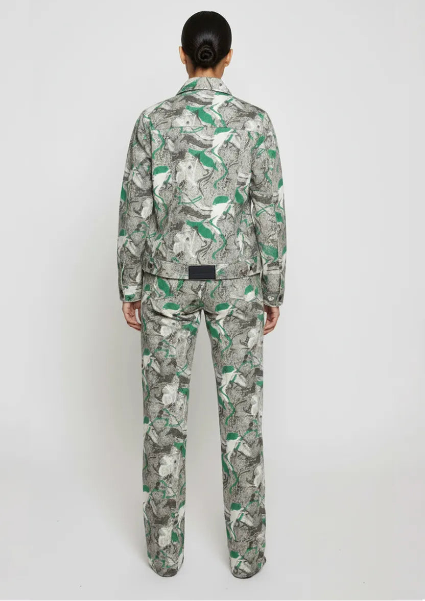 Full back view of psychedelic print denim jacket showing Herman&Co label at waistband - women’s matching abstract swirl cargo pants with straight-leg fit