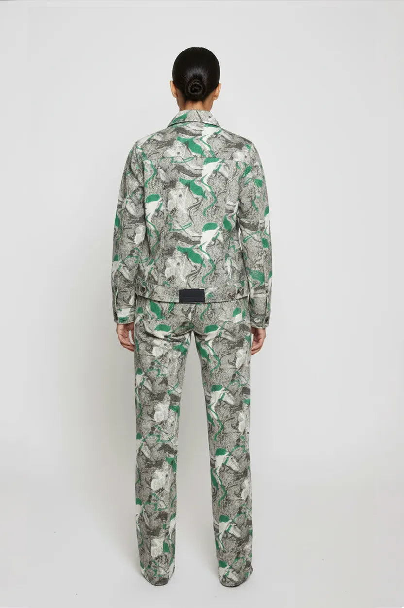 Full back view of psychedelic print denim jacket showing Herman&Co label at waistband - women’s matching abstract swirl cargo pants with straight-leg fit