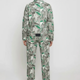 Full back view of psychedelic print denim jacket showing Herman&Co label at waistband - women’s matching abstract swirl cargo pants with straight-leg fit