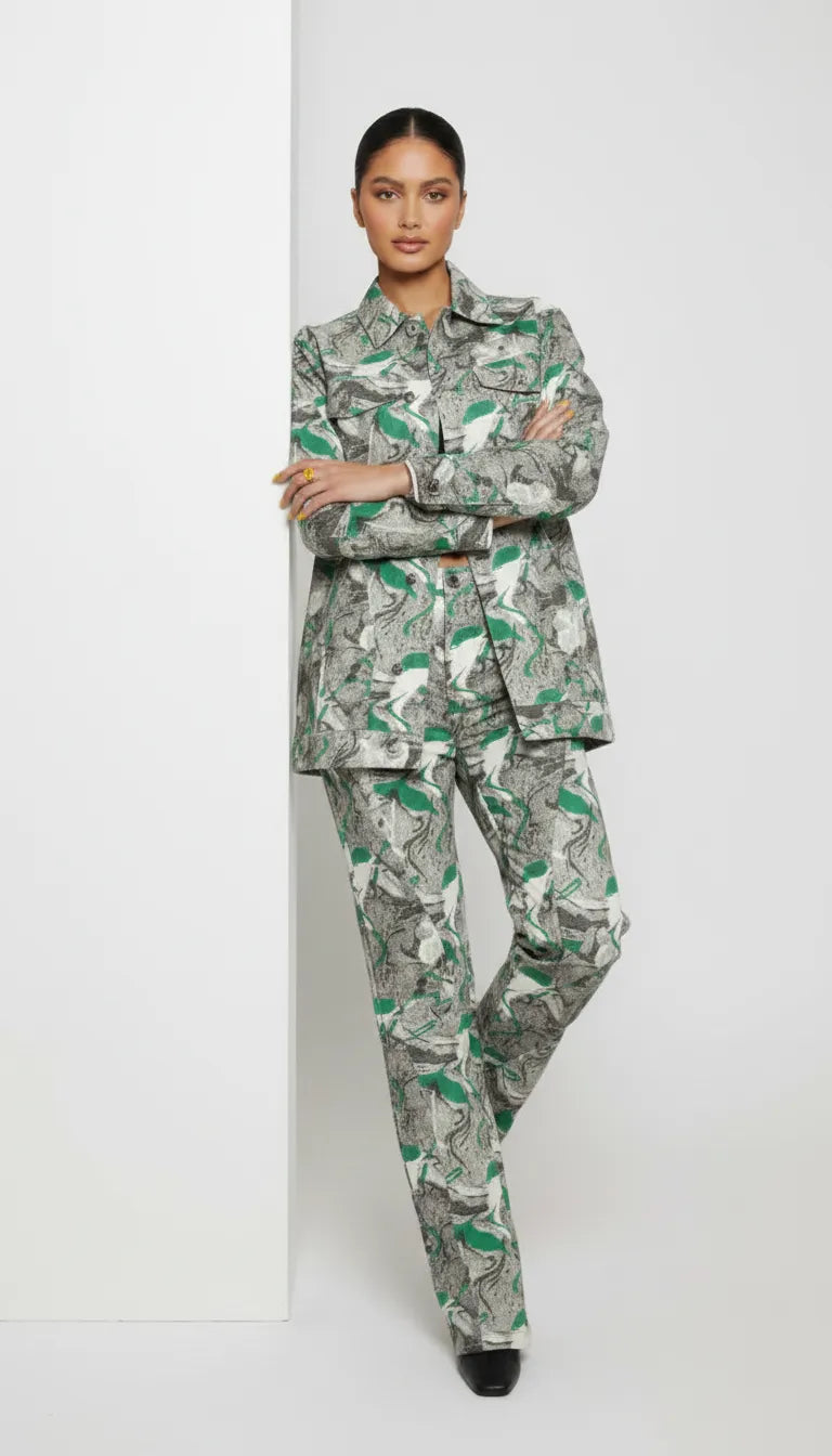 Front view of psychedelic print denim jacket with arms crossed leaning against wall - women’s oversized abstract swirl matching set with black boots