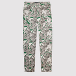 Front view of the psychedelic printed women's jeans laid flat.