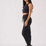 Side profile of womens relaxed pintuck jogger showing comfortable fit