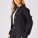 REMOVABLE POCKETS DENIM JACKET - BLACK WASH - JMOJO - Women's Cargo Denim Jacket Removable Packets
