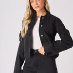 REMOVABLE POCKETS DENIM JACKET - BLACK WASH - JMOJO - Women's Cargo Denim Jacket Removable Packets