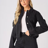 REMOVABLE POCKETS DENIM JACKET - BLACK WASH - JMOJO - Women's Cargo Denim Jacket Removable Packets
