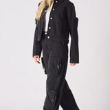 REMOVABLE POCKETS DENIM JACKET - BLACK WASH - JMOJO - Women's Cargo Denim Jacket Removable Packets