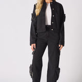 REMOVABLE POCKETS DENIM JACKET - BLACK WASH - JMOJO - Women's Cargo Denim Jacket Removable Packets