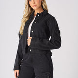 REMOVABLE POCKETS DENIM JACKET - BLACK WASH - JMOJO - Women's Cargo Denim Jacket Removable Packets