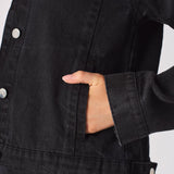 REMOVABLE POCKETS DENIM JACKET - BLACK WASH - JMOJO - Women's Cargo Denim Jacket Removable Packets