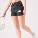 RIPPED DENIM SHORTS - BLACK ACID WASH - JMOJO - Women's Denim Shorts