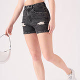 RIPPED DENIM SHORTS - BLACK ACID WASH - JMOJO - Women's Denim Shorts