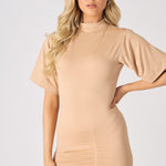 RUCHED DETAIL SHORT SLEEVE MINI DRESS - BEIGE - JMOJO - Women's Dresses