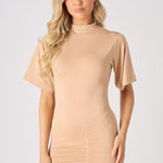 RUCHED DETAIL SHORT SLEEVE MINI DRESS - BEIGE - JMOJO - Women's Dresses