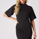 RUCHED DETAIL SHORT SLEEVE MINI DRESS - BLACK - JMOJO - Women's Dresses
