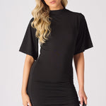 RUCHED DETAIL SHORT SLEEVE MINI DRESS - BLACK - JMOJO - Women's Dresses