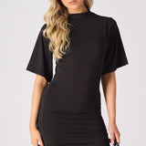 RUCHED DETAIL SHORT SLEEVE MINI DRESS - BLACK - JMOJO - Women's Dresses