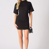 RUCHED DETAIL SHORT SLEEVE MINI DRESS - BLACK - JMOJO - Women's Dresses
