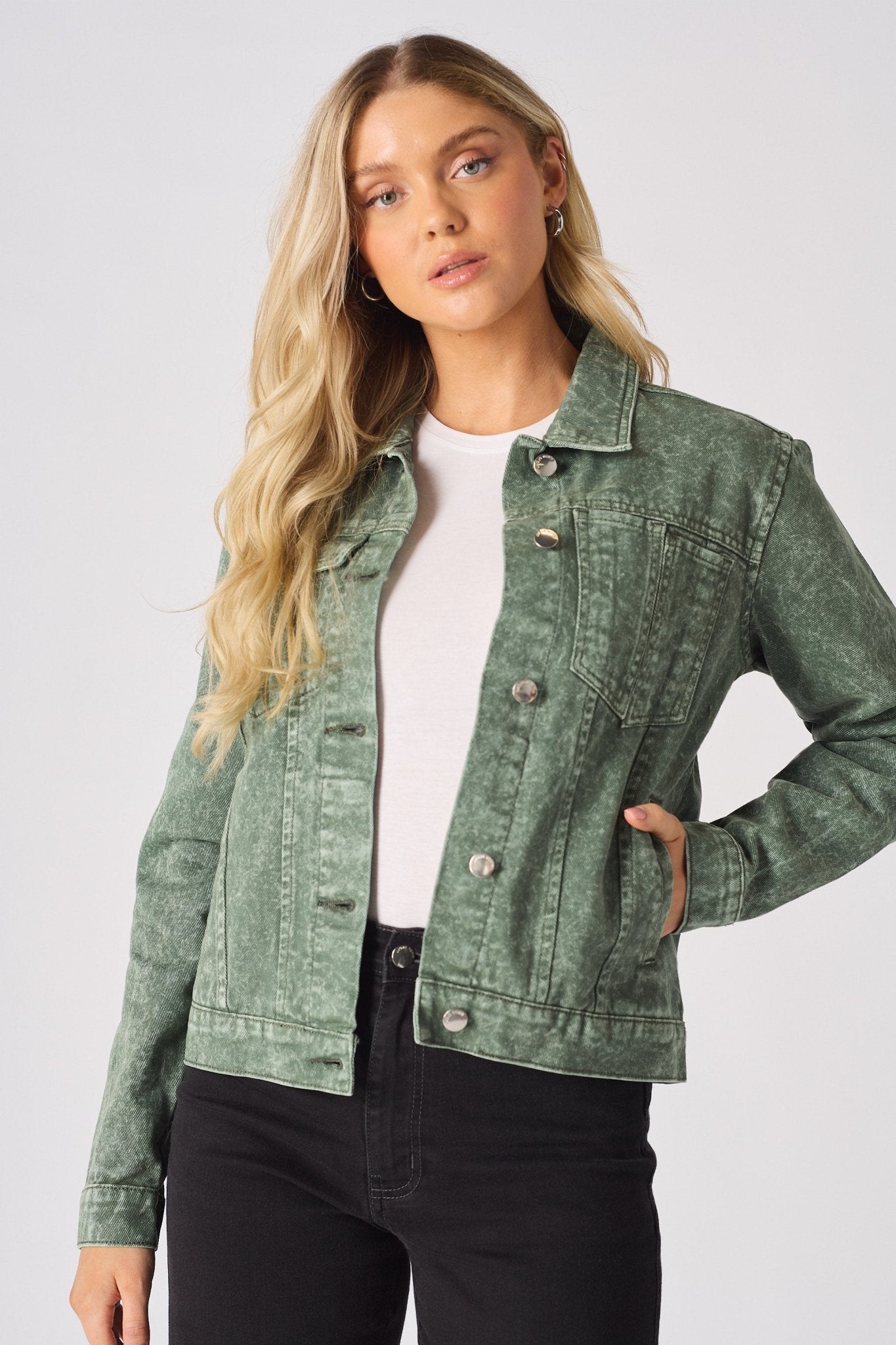 Sage Denim Trucker Jacket – Pearl Green - JMOJO - Women's Denim Jackets